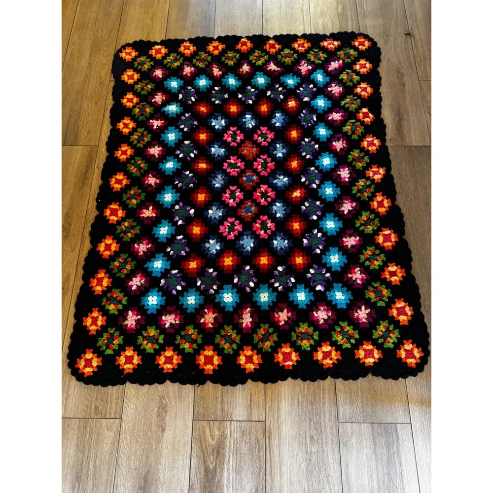 Vintage Handmade Crochet Granny Square Blanket Black Multi Color Boho Throw